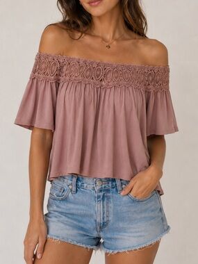 Mittoshop‎ Mauve Off the Shoulder Rayon Lace Cropped Boho Peasant Flare Top (S)